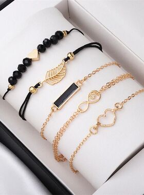 5 pcs/set Women's Bracelets Black Enamel Square Hollow Heart