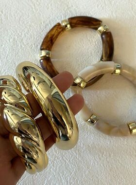 4pcs Vintage Minimalist Elegant Brown Resin Elastic Bangle S