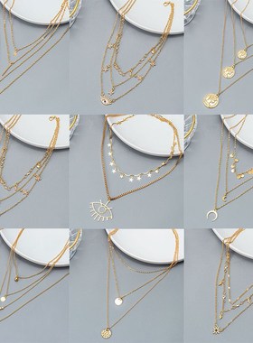 New Bohemian Multilayer Gold Color Moon Portrait Pendant Nec