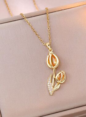 Elegant Enamel Tulip Flower Pendant Necklace for Women Girl