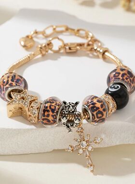 1pc Women's Gold Color Leopard Rhinestone 8 Ball Star Cross