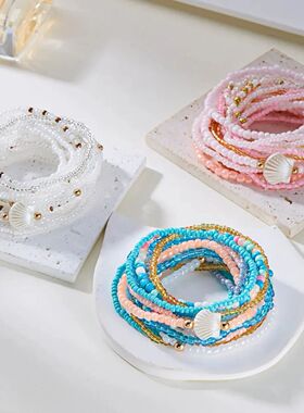 17/10PCS/Set Elastic Pink Color Rice Bead Bracelets for Wome