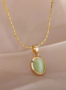 Trendy Oval Colorful Stone Necklace For Women Stainless Stee
