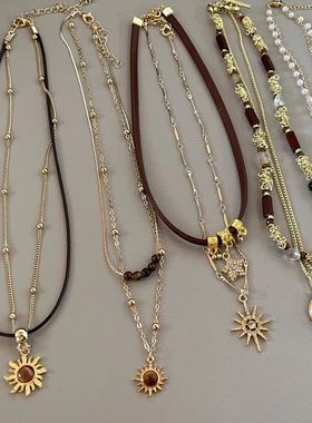 Sun Star Zircon Necklace for Women Vintage Leather Necklace