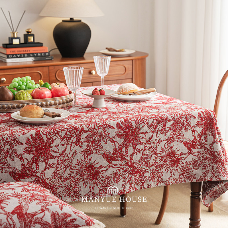 蔓越家 自然丛林 复古摩登红桌布餐桌垫子布艺餐垫长方形茶几台布,淘宝优惠券,粉丝福利购,淘宝优惠卷