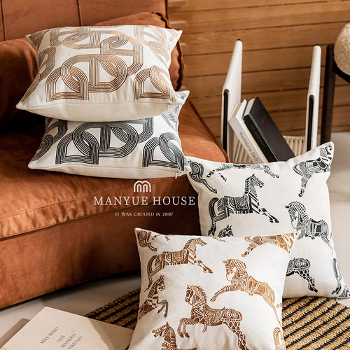 蔓越家 复古几何刺绣绣花抱枕北欧沙发抱枕套样板间床头靠垫含芯 - 图0