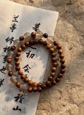 新中式原创设计金丝檀木灰玛瑙双圈手串高级感手链女寺庙同款