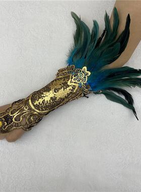 欧美跨境万圣节羽毛手链哥特风格羽毛手套镂空金色花边蕾丝手臂套