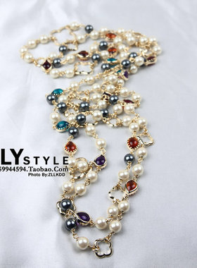 四叶草糖果色珍珠毛衣链