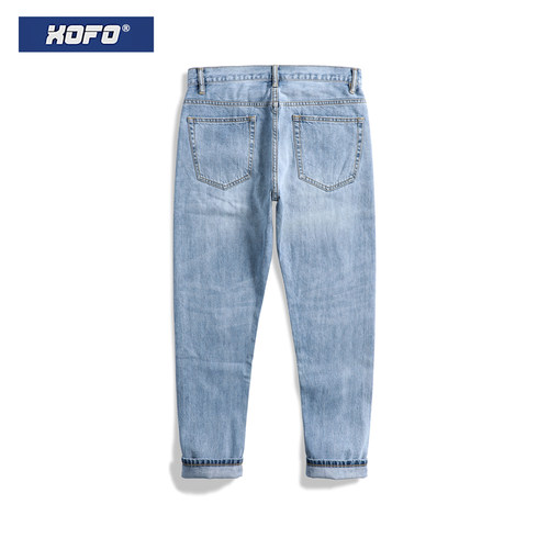 浅色九分裤夏季薄款破洞蓝色锥形小脚宽松痞帅 牛仔裤男时尚新款 - 图0