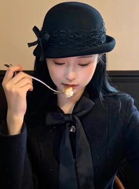 黑色蝴蝶结羊毛呢礼帽女秋冬帽子