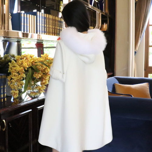 【品牌热卖】潮流冬新品女装韩版宽松中长款毛呢外套斗篷真狐狸毛 - 图1