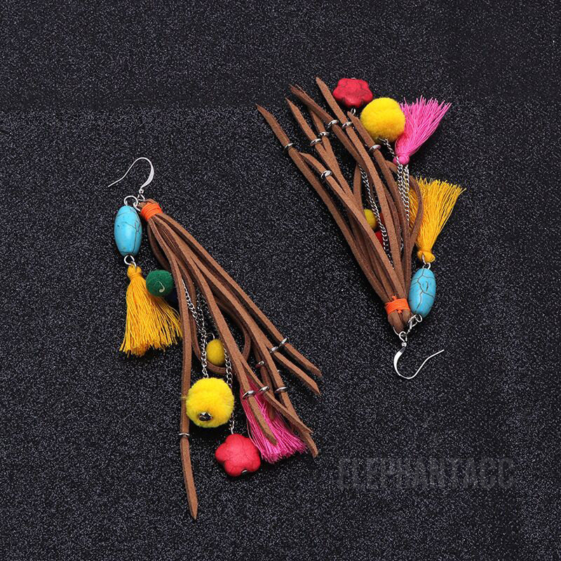 跑男baby同款民族风耳环流苏皮绳波西米亚毛球耳夹复古藏族耳饰女 - 图2