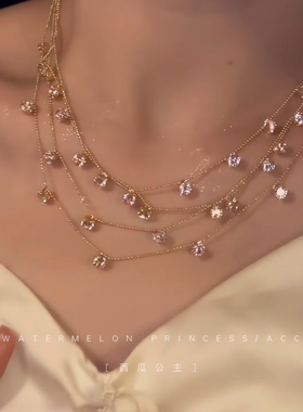 「错落仙粉」多层叠戴项链女款2025新款爆款高级感粉钻锁骨链颈链