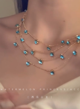 「错落仙蓝」多层叠戴项链女款2025新款爆款高级感蓝钻锁骨链颈链