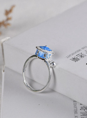 新中式烧蓝转动戒指女国风复古简约文艺莲花可旋转开口可调节指环