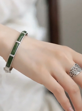 复古竹节手镯女款新中式国风高级感轻奢开口可打开绿玉石手环手饰