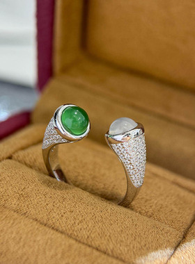 新中式双色白玉绿玉髓戒指女士时尚镶钻国风高级感小灯泡开口指环