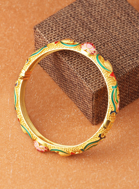 烧蓝锦鲤莲花手镯女古法金仿和田玉镂空开口镯子中国古风手环手饰