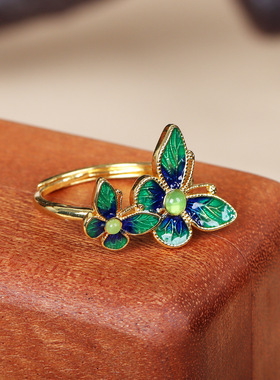 复古双彩蝶逐花戒指女款珐琅彩工艺指环古风仙气活口可调节食指戒