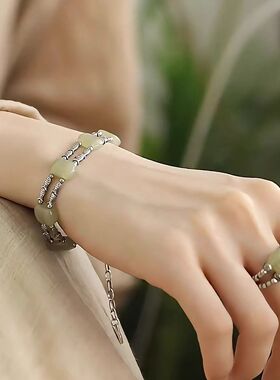 新中式双层鱼纹无事牌手链指戒古风清冷文艺气质简约时尚青绿手串