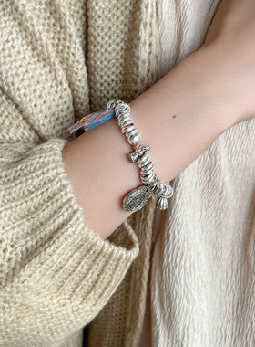 国风招财纳福手镯手链女钱串子手工锤纹手串小众时尚百搭盘缠手绳