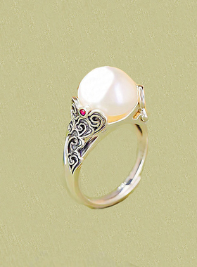 复古镂空雕花圆珠戒指女新中式小众轻奢开口食指戒高级感圆形指环