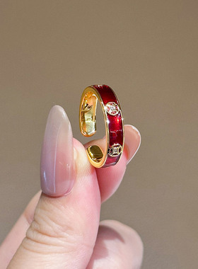 红色滴油锆石铜钱戒指女新中式高级感食指戒简约时尚个性开口指环