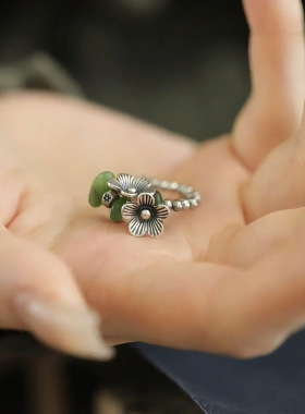 时尚花团锦簇弹力绳戒指女新中式简约复古民族风做旧工艺玉髓指环