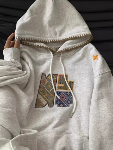 奥特莱斯~清仓捡漏美式复古藏蓝色连帽卫衣女设计感小众加绒加厚 - 图3