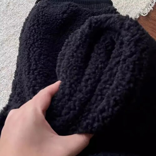 清仓尾货~专柜尾货黑色摇粒绒休闲束脚裤子韩系小众羊羔阔腿裤子 - 图2