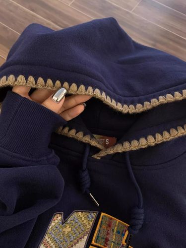 奥特莱斯~清仓捡漏美式复古藏蓝色连帽卫衣女设计感小众加绒加厚 - 图2