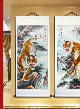老虎上山国画玄关走廊餐厅背景墙