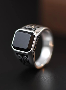 新款招财祥云黑曜石戒指复古指环