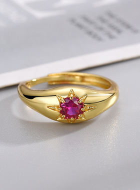 新款时尚戒指金色镶嵌红色锆石开
