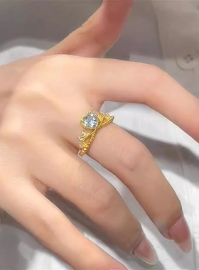 新品轻奢超仙海蓝爱心皇冠戒指小