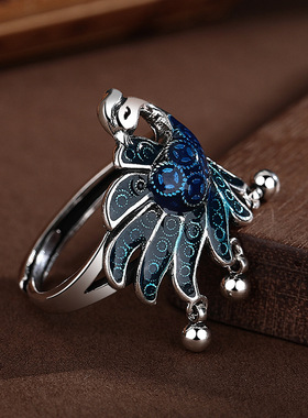 新品景泰蓝珐琅流苏凤凰戒指复古