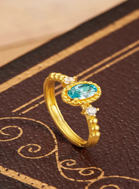 新品蔚蓝金色戒指古法镶嵌锆石蓝