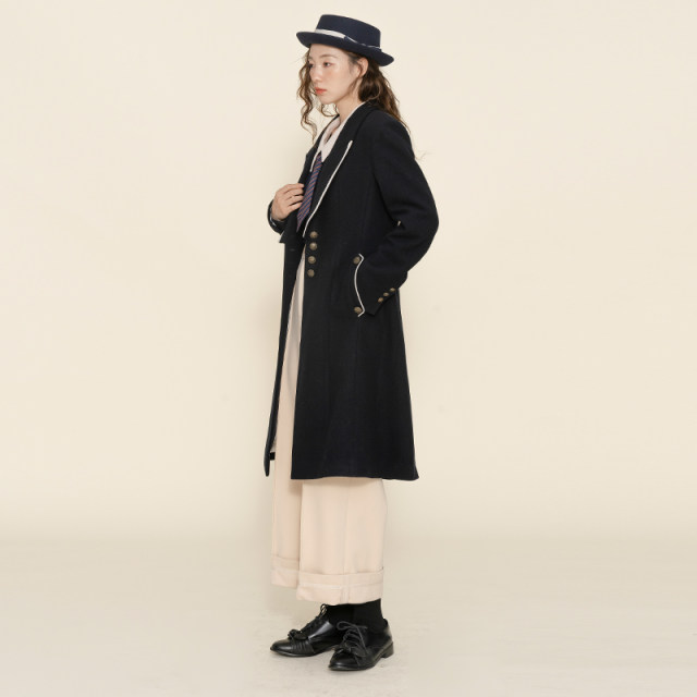 D-HARRY/迪哈利藏青羊毛大衣女中长款宽松毛呢外套DH224F95773D