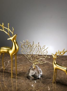 创意发财树铜鹿轻奢摆件大理石北欧简约玄关电视柜招W财家居装饰