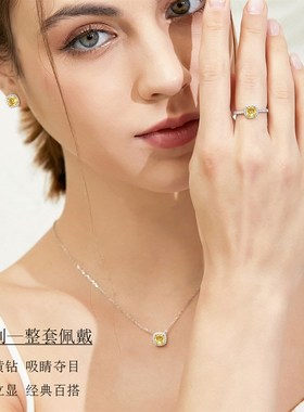 2024新款方形艳彩黄钻项链微镶方糖吊坠简约气质项链女锁骨链彩钻