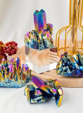 新品天然水晶电镀七彩簇摆件水晶原石水晶簇多彩簇装饰工艺品