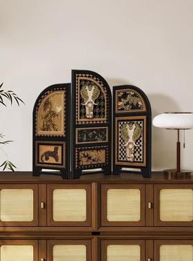 中古风桌面小屏风摆件高级感小众客厅电视柜家居装饰入户玄关摆画