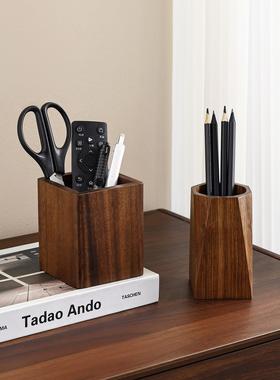 笔筒大容量桌面收纳盒摆件办公室工位笔筒实木送学生朋友生日礼物
