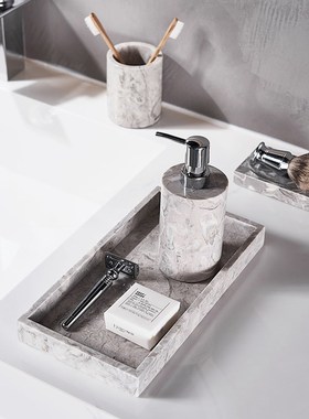 大理石圆形洗手液瓶家居卫浴用品卫浴室洗手台灰色棉签罐托盘皂碟