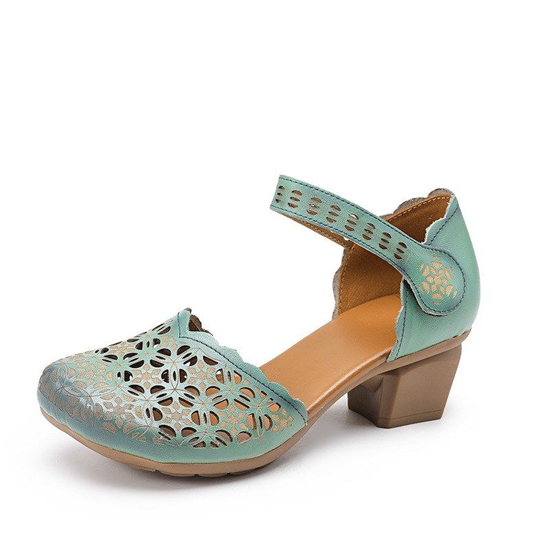 夏季新款包头凉鞋女百搭一字扣中空圆头中跟粗跟小皮鞋镂空妈妈鞋,淘宝优惠券,粉丝福利购,淘宝优惠卷