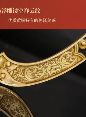 黄铜定制长柄手摇转动轮筒配套底座藏式金色祥云三足造型摆件大号