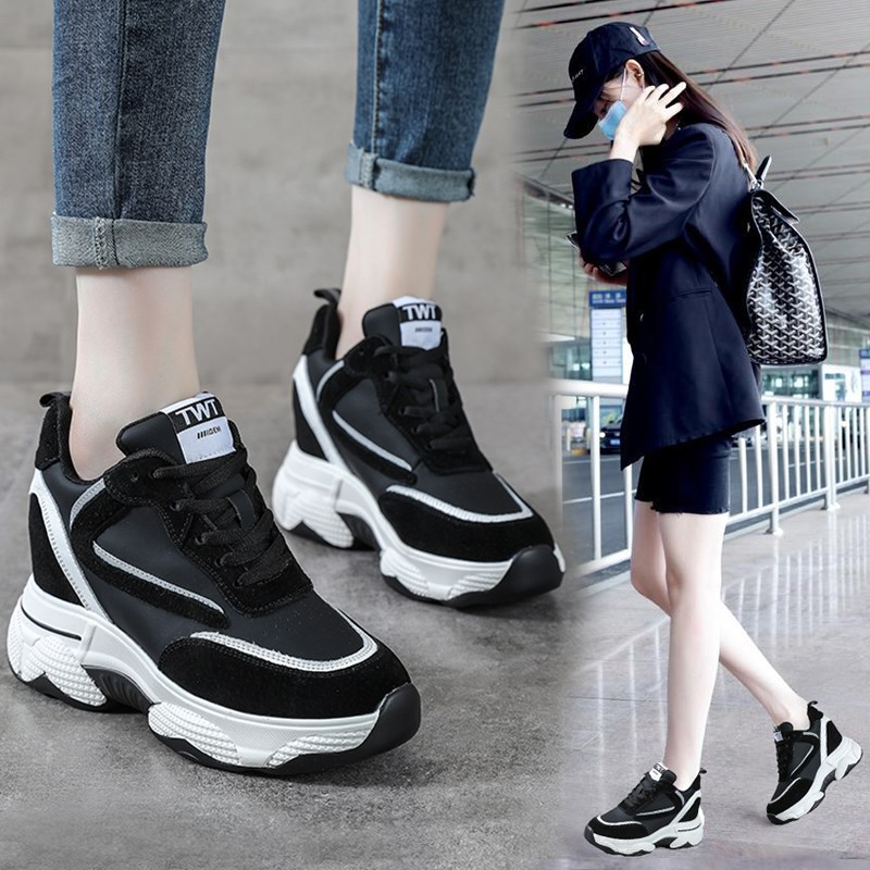 真皮内增高女鞋时尚春季新款百搭厚底运动鞋N网红潮松糕休闲老爹 - 图0