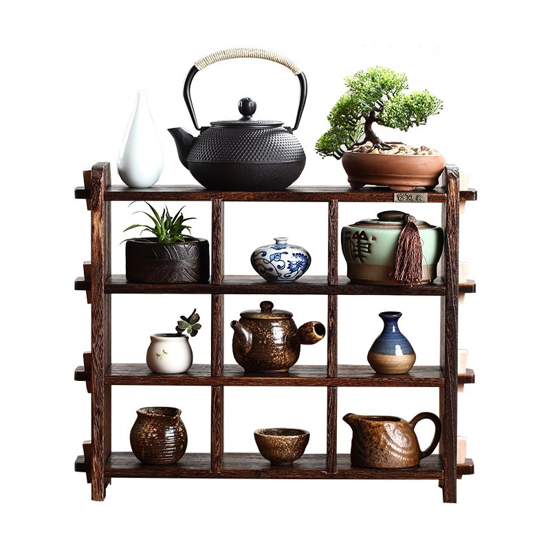 博古架实木中式挂墙壁多宝阁茶具摆架置物收纳架客厅古董架展示柜 - 图3