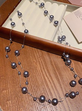 法式轻奢复古高级感设计灰色珍珠双层项链颈链时尚气质百搭毛衣链